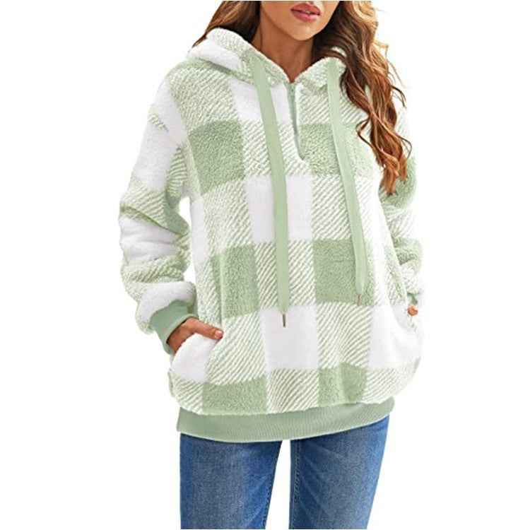 Women's Plaid Hooded Sweatshirt With Pockets Casual Zipper Plush Top