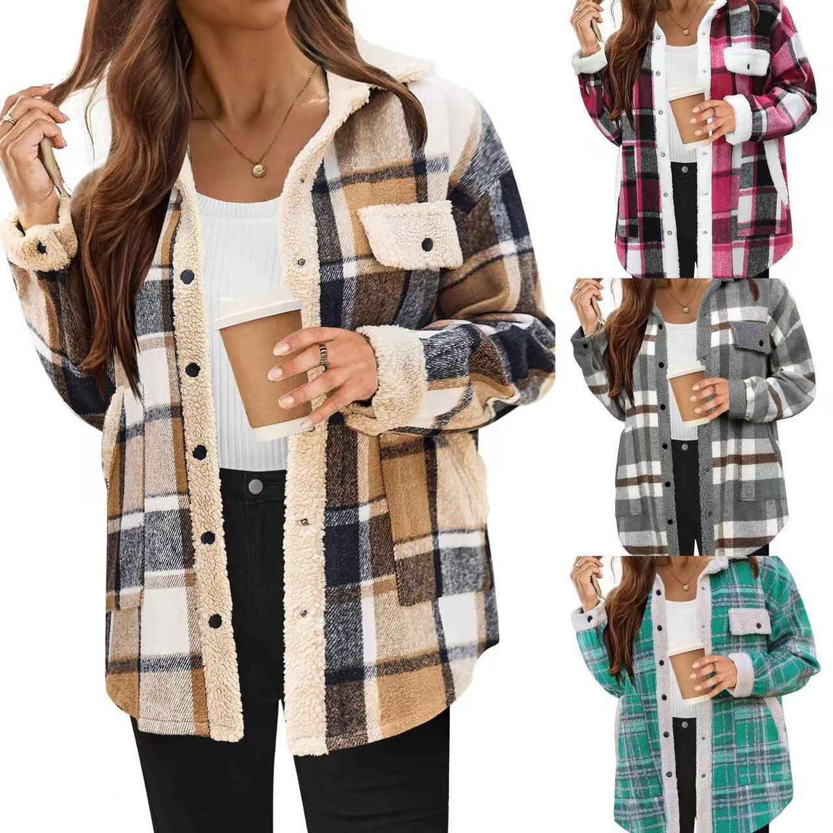 Contrast Color Plaid Jacket Casual Polo Collar Velvet Coat