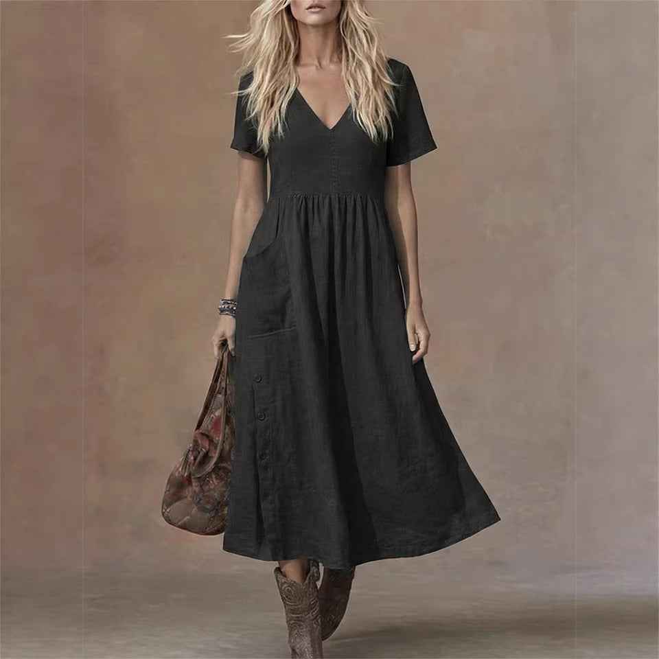 Women's V-neck Short-sleeve Pocketed Loose-fitting Fashionable Dress