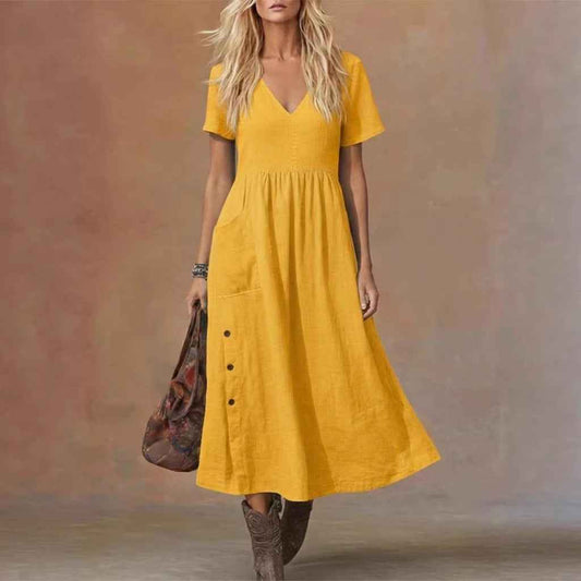Women's V-neck Short-sleeve Pocketed Loose-fitting Fashionable Dress