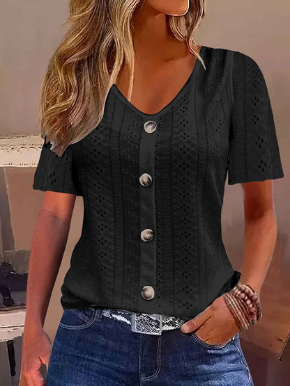 Solid Color Jacquard V-neck Buttons Short Sleeve T-shirt Top