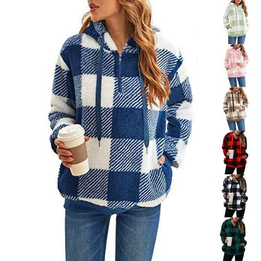 Women's Plaid Hooded Sweatshirt With Pockets Casual Zipper Plush Top