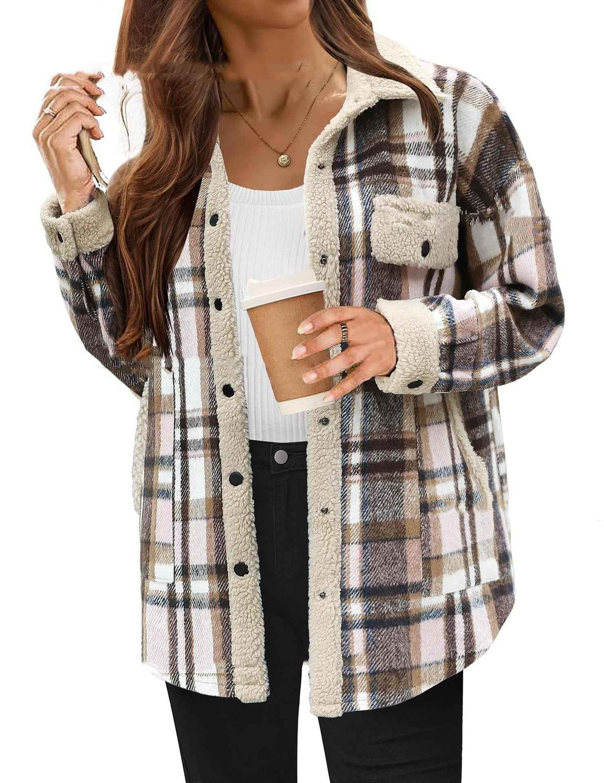 Contrast Color Plaid Jacket Casual Polo Collar Velvet Coat