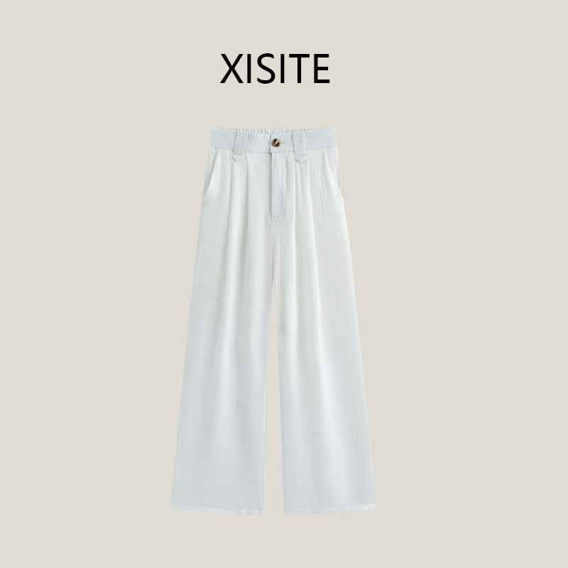 Casual Anti-wrinkle Thin High Waist Slimming And Straight Draping Cotton Linen Wide Leg Pants Long