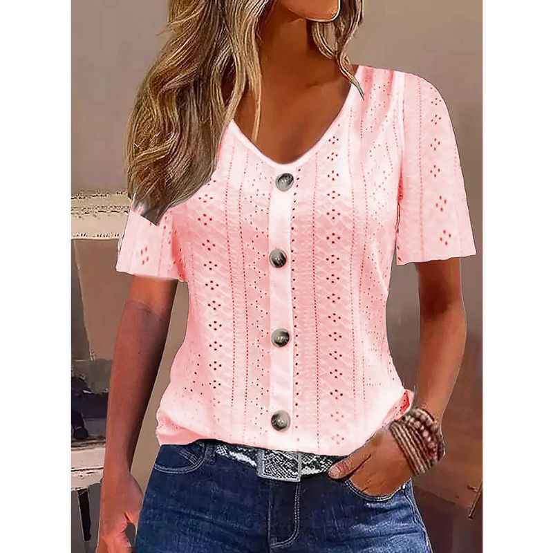 Solid Color Jacquard V-neck Buttons Short Sleeve T-shirt Top