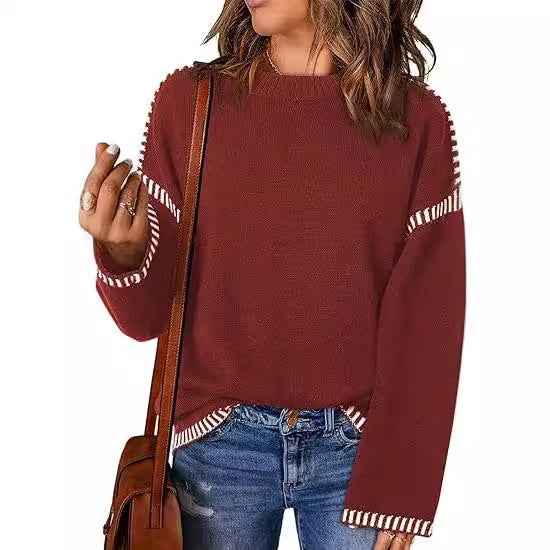 Women's Sweater Thread Patchwork Knitting Pullover Crew Neck