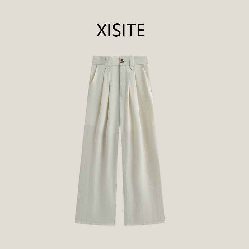 Casual Anti-wrinkle Thin High Waist Slimming And Straight Draping Cotton Linen Wide Leg Pants Long