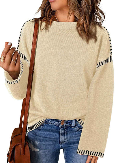 Women's Sweater Thread Patchwork Knitting Pullover Crew Neck