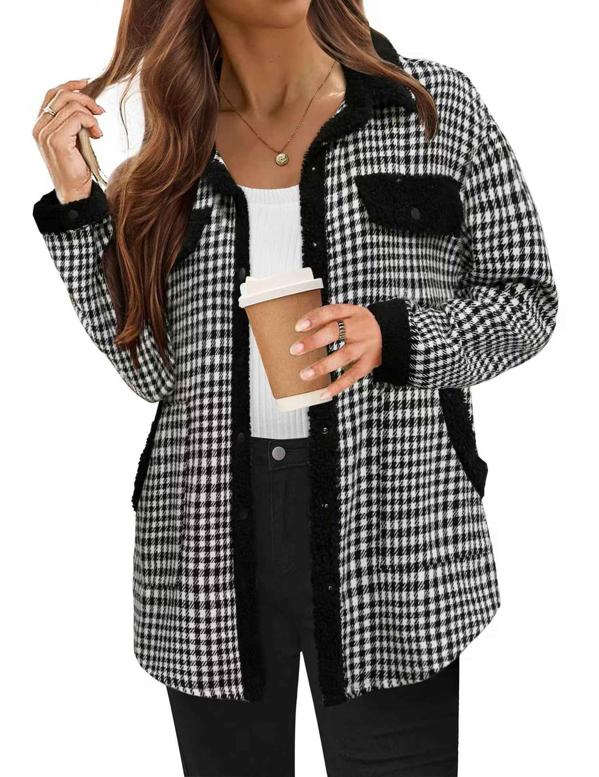Contrast Color Plaid Jacket Casual Polo Collar Velvet Coat