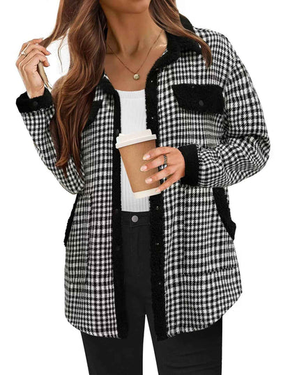 Contrast Color Plaid Jacket Casual Polo Collar Velvet Coat