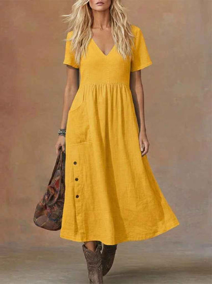 Women's V-neck Short-sleeve Pocketed Loose-fitting Fashionable Dress