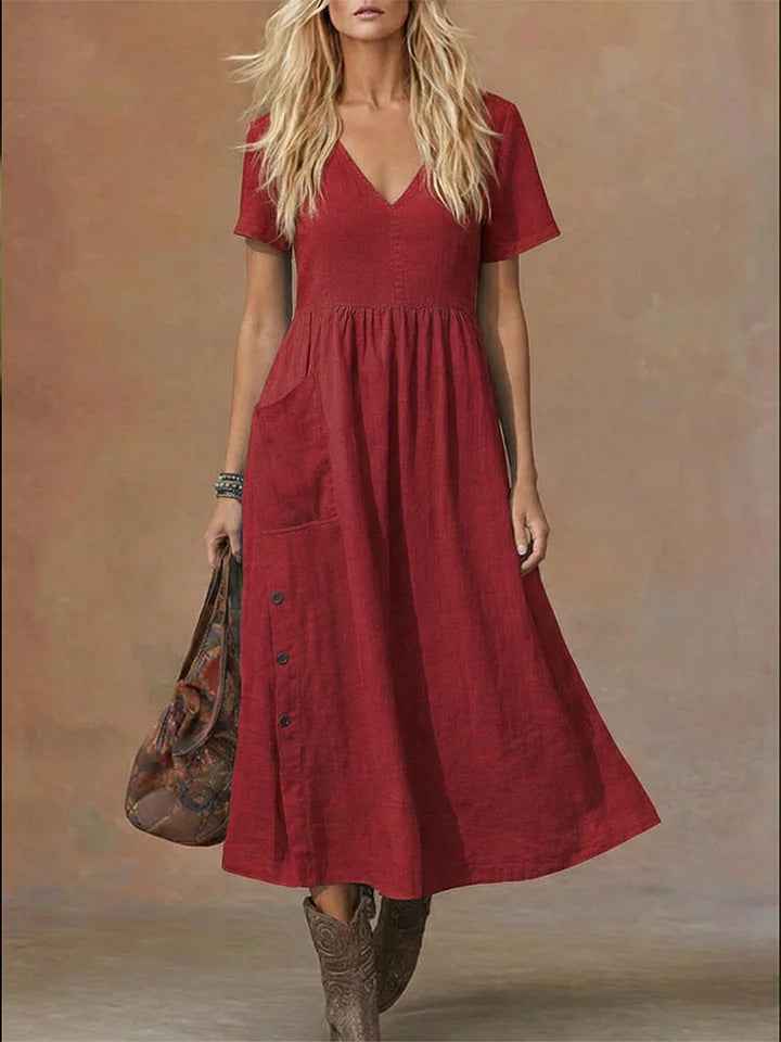 Women's V-neck Short-sleeve Pocketed Loose-fitting Fashionable Dress