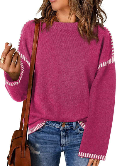 Women's Sweater Thread Patchwork Knitting Pullover Crew Neck