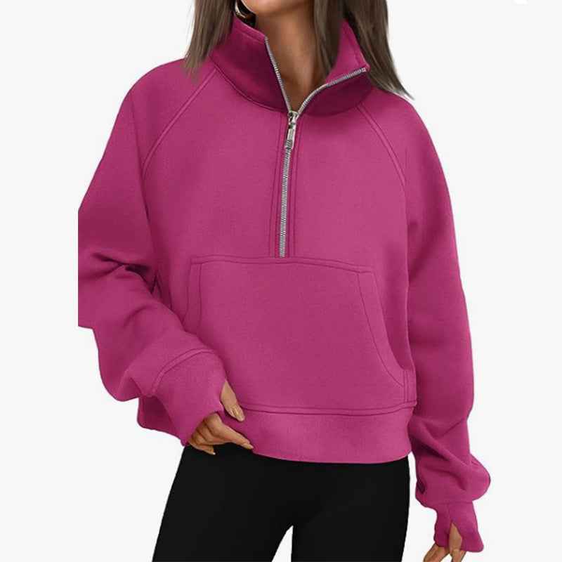 Women's Fashion Simple Half Zipper Hooded Sweatshirt Loose Sweater