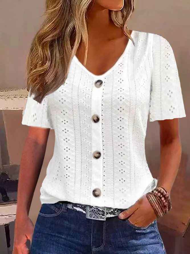 Solid Color Jacquard V-neck Buttons Short Sleeve T-shirt Top