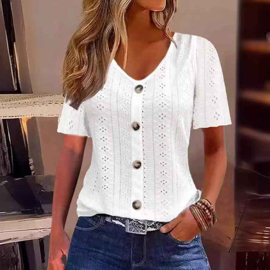 Solid Color Jacquard V-neck Buttons Short Sleeve T-shirt Top