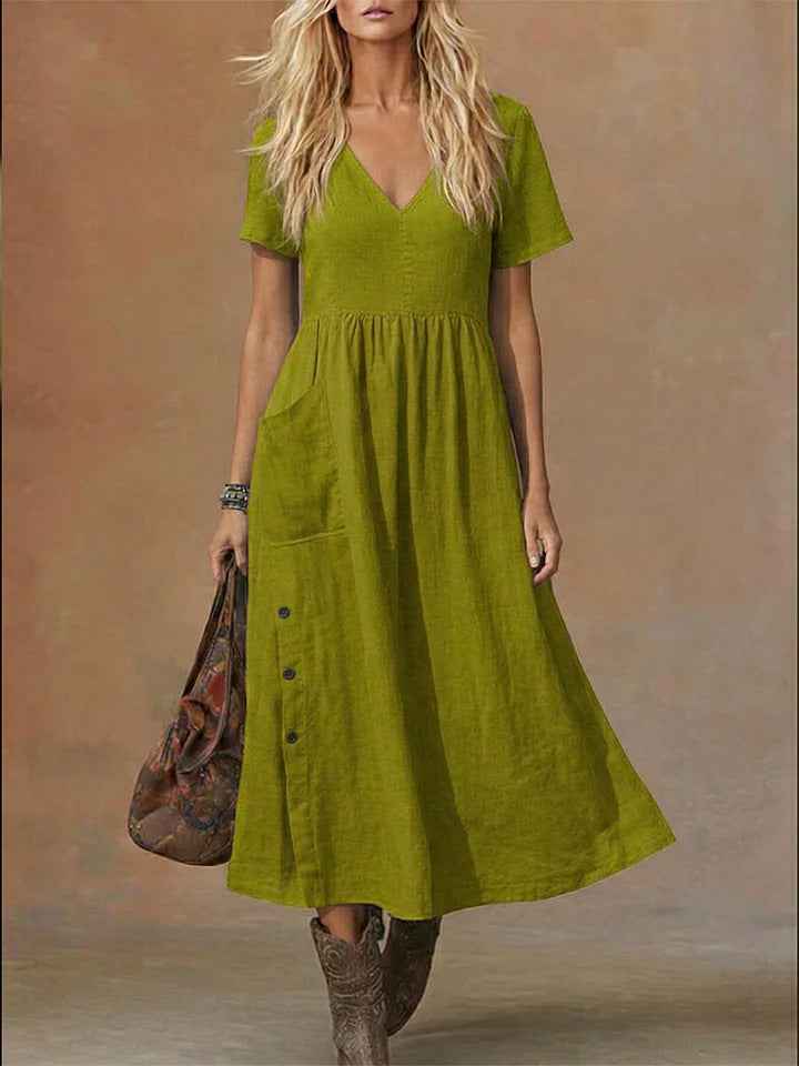 Women's V-neck Short-sleeve Pocketed Loose-fitting Fashionable Dress