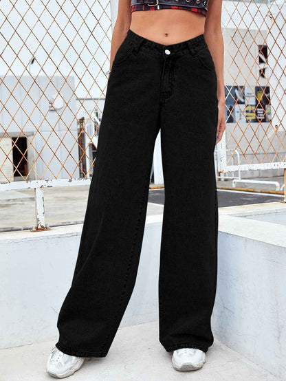 Washed Fashion Straight Jeans Women's Mid Waist