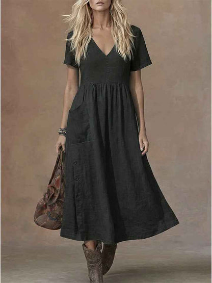 Women's V-neck Short-sleeve Pocketed Loose-fitting Fashionable Dress
