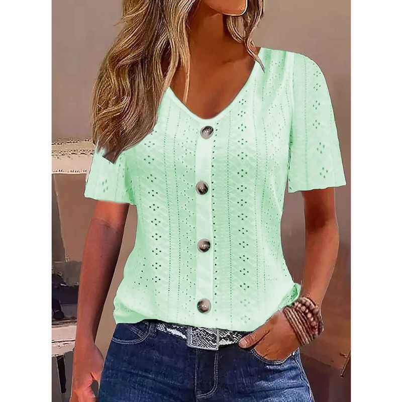 Solid Color Jacquard V-neck Buttons Short Sleeve T-shirt Top