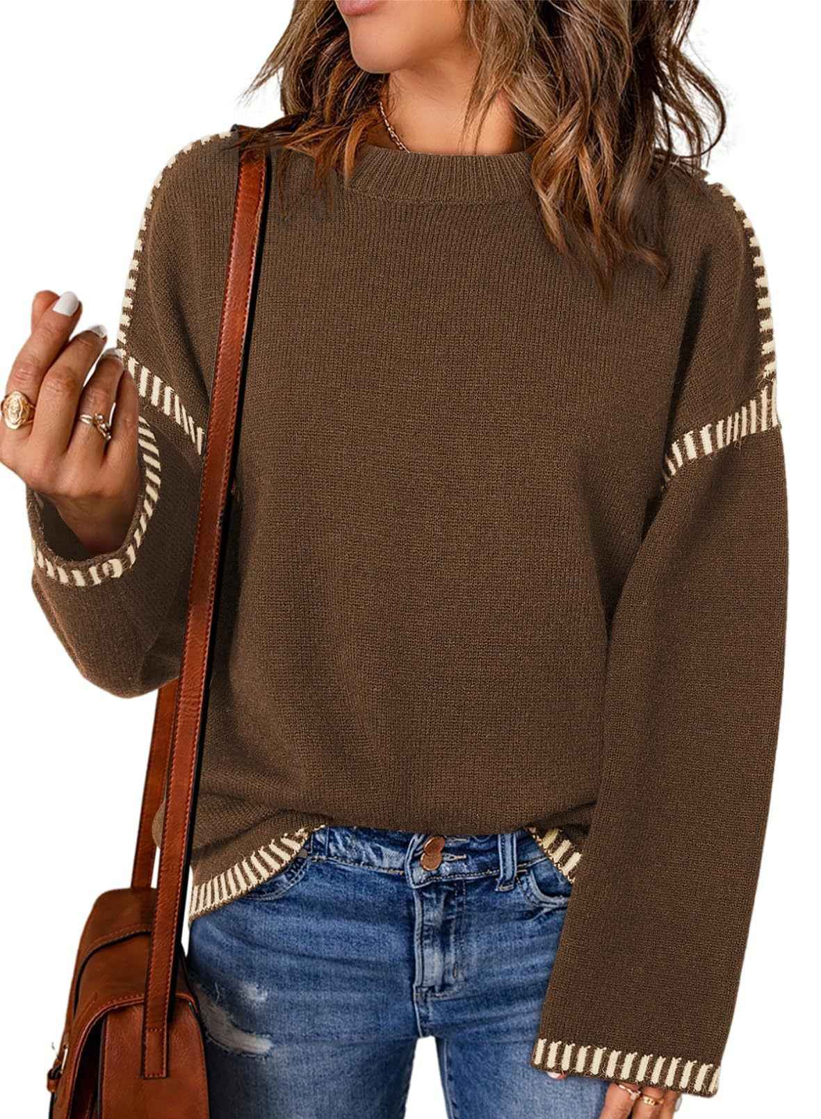 Women's Sweater Thread Patchwork Knitting Pullover Crew Neck