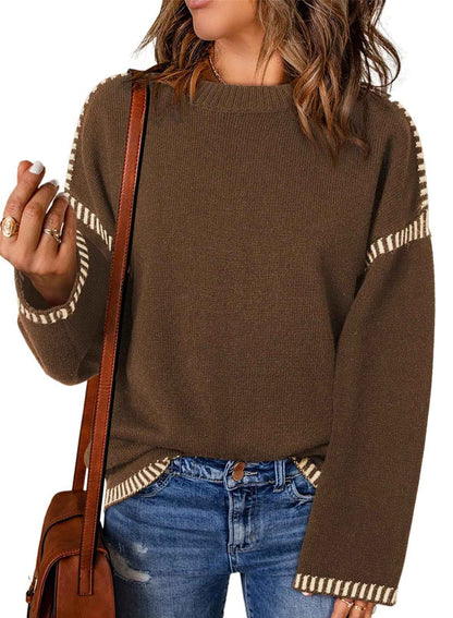 Women's Sweater Thread Patchwork Knitting Pullover Crew Neck